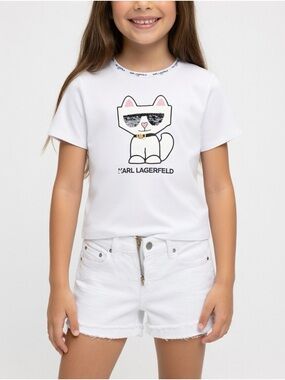 Karl Lagerfeld Cat Tee Adult XS + White Denim Shorts Size 9 Girls Outfit Set